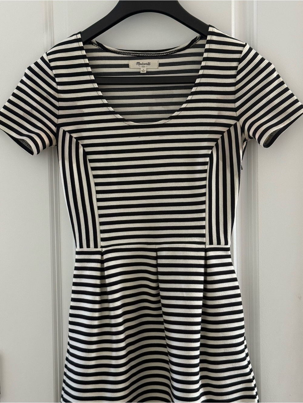 Madewell Womens Black & White Striped Fit & Flare Dress Short Sleeve Scoop Neck - Picture 7 of 8